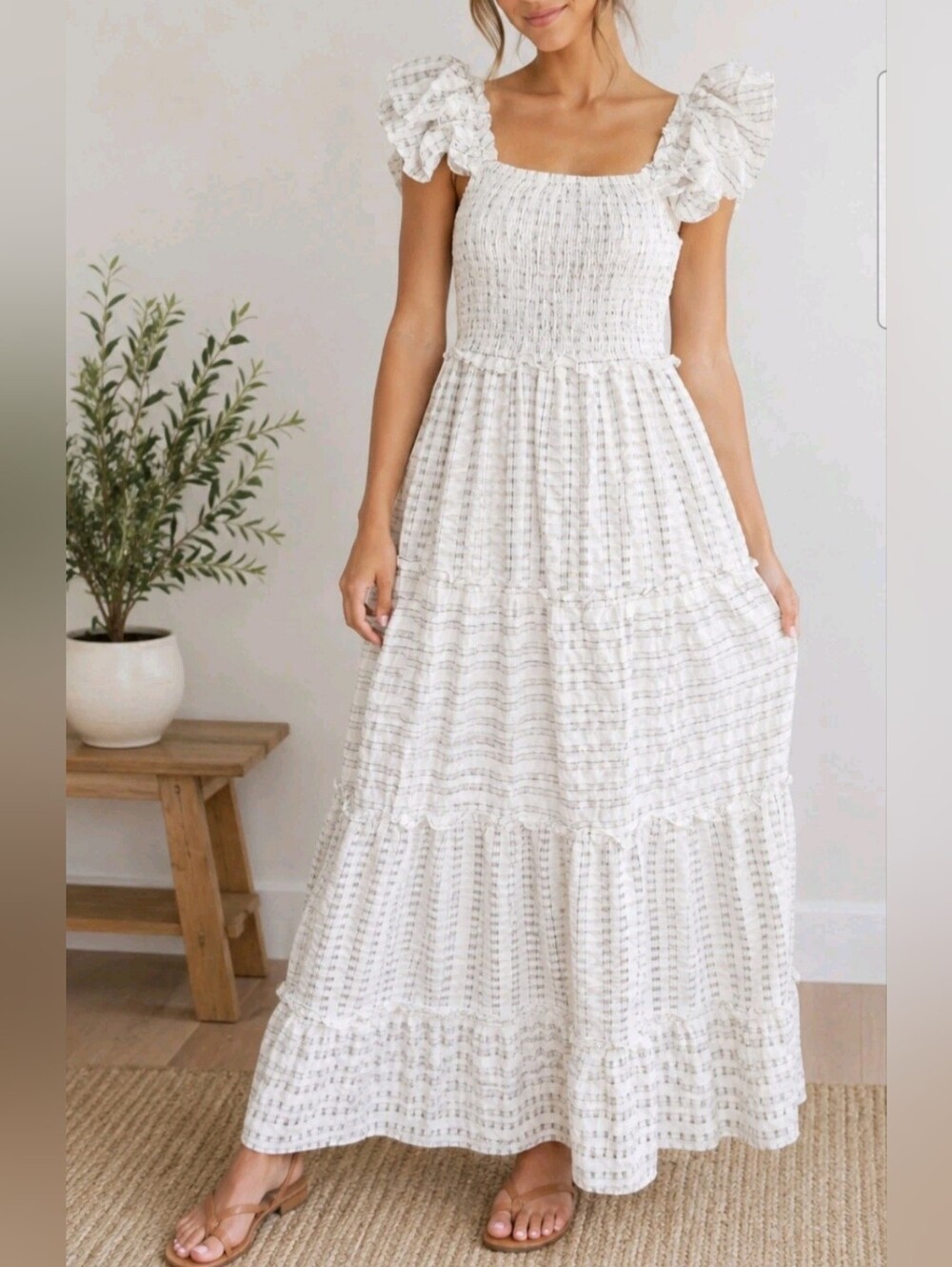 White textured tiered maxi dress smocked ruffle Prarie cottagecore Edwardian SM